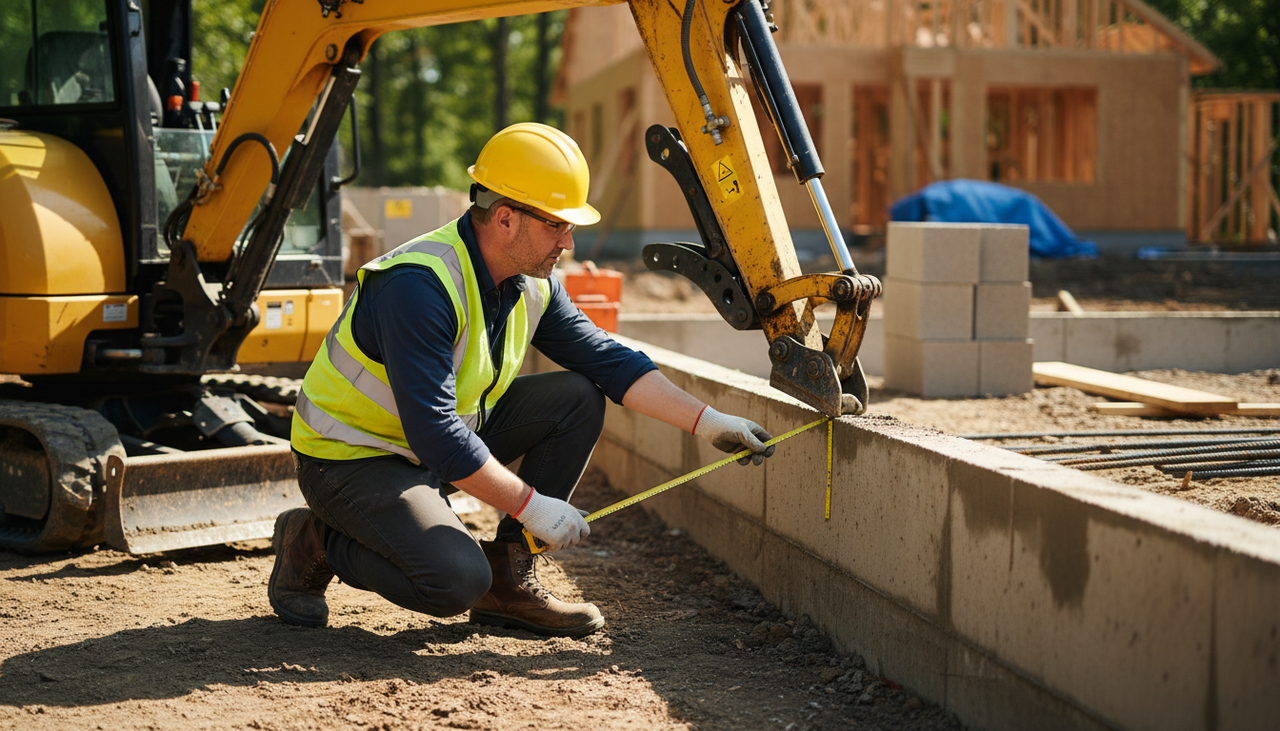Operator measuring mini excavator dimensions next to a residential foundation