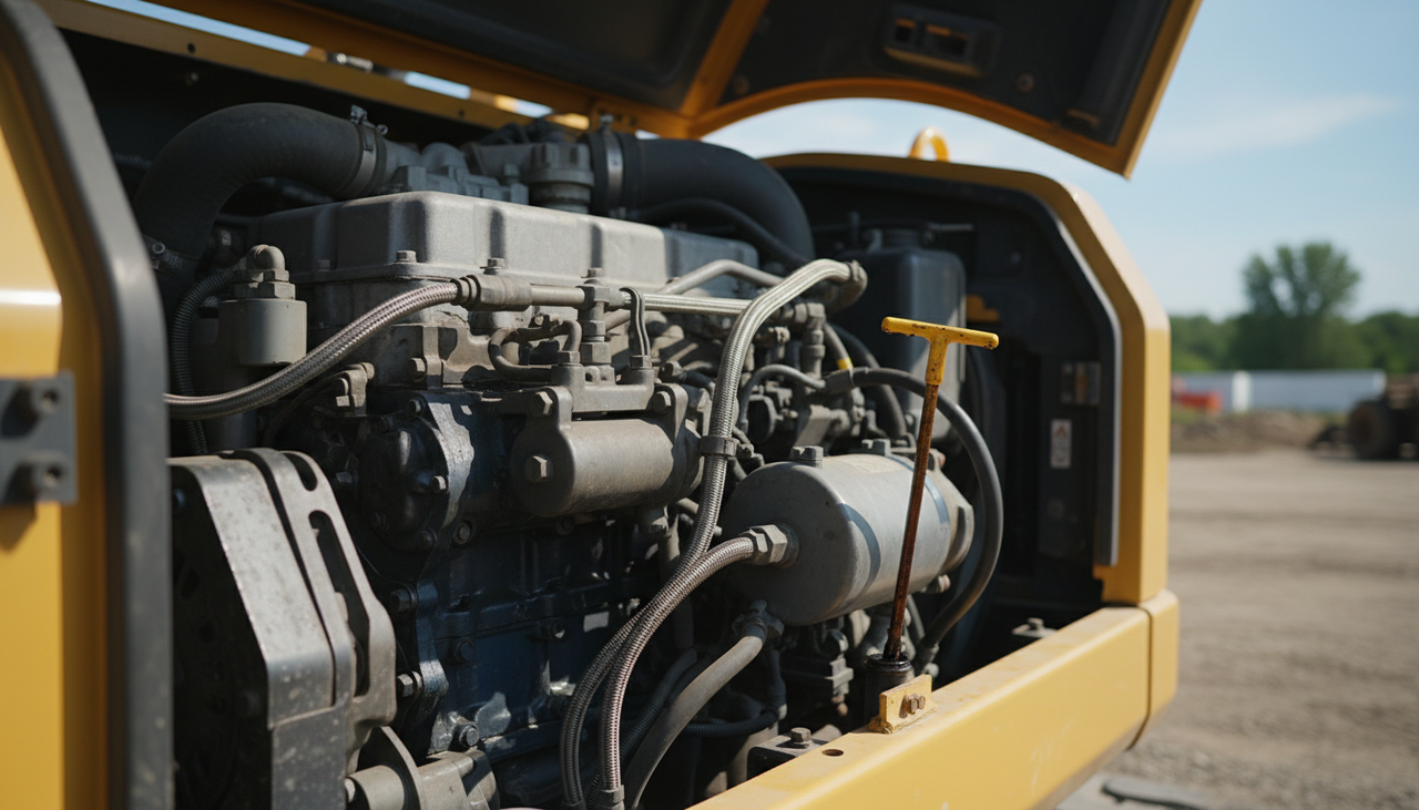Diesel engine compartment of an excavator with oil dipstick visible