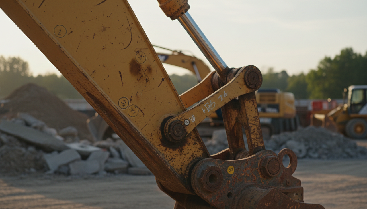 Excavator boom and stick showing minor surface rust and weld inspection points