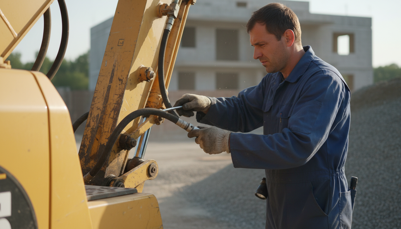 Mechanic inspecting hydraulic hoses and cylinders on an excavator boom arm