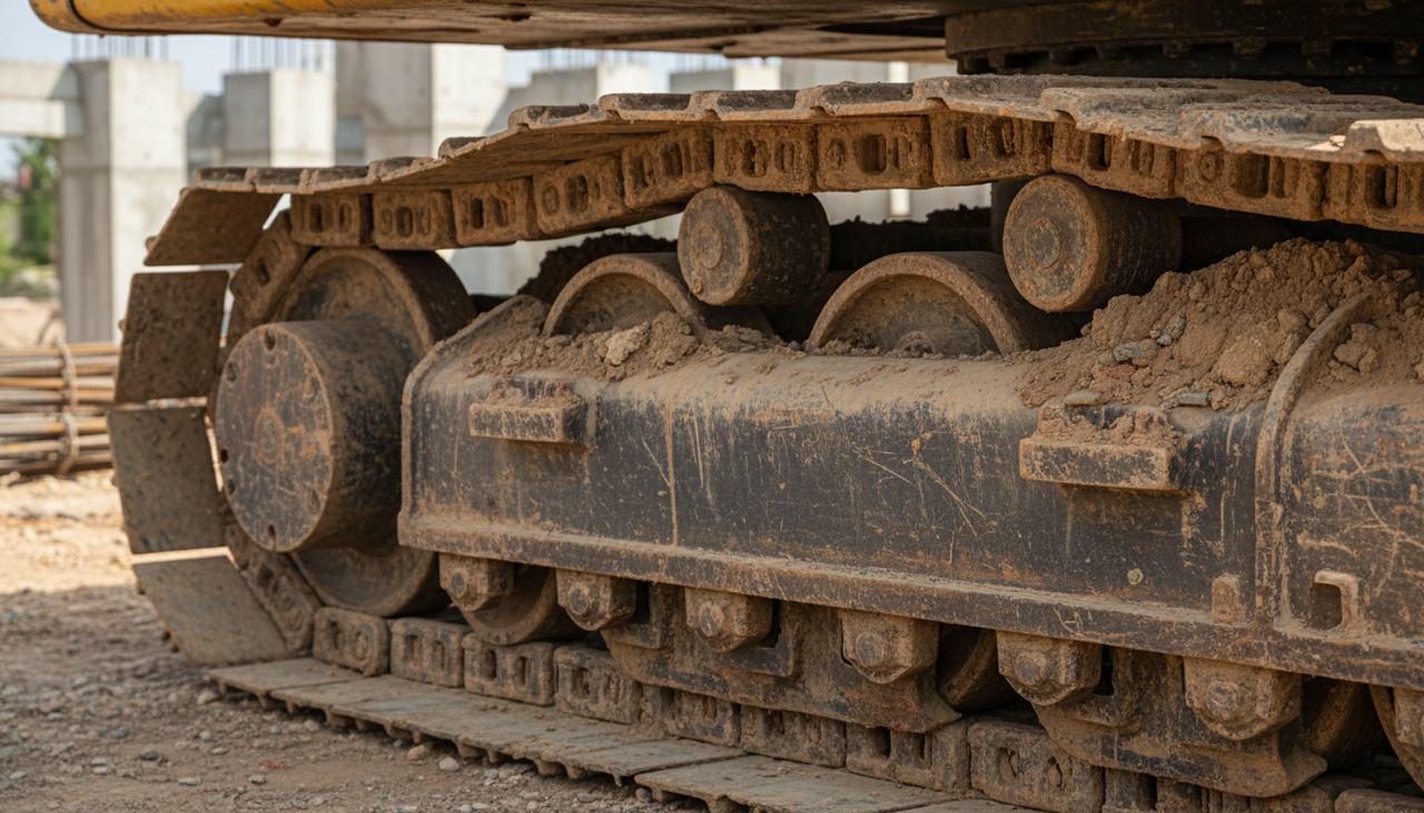 Close-up of worn steel tracks and rollers on a crawler excavator undercarriage