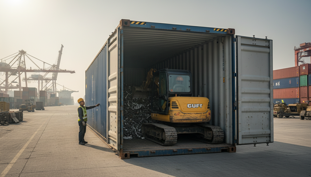 Large shipping container being loaded with a mini excavator at Shanghai port