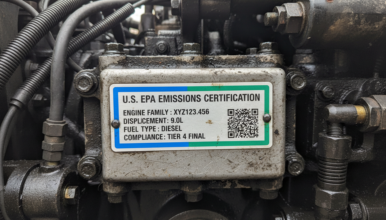 Close-up of an EPA certification tag on an excavator engine block