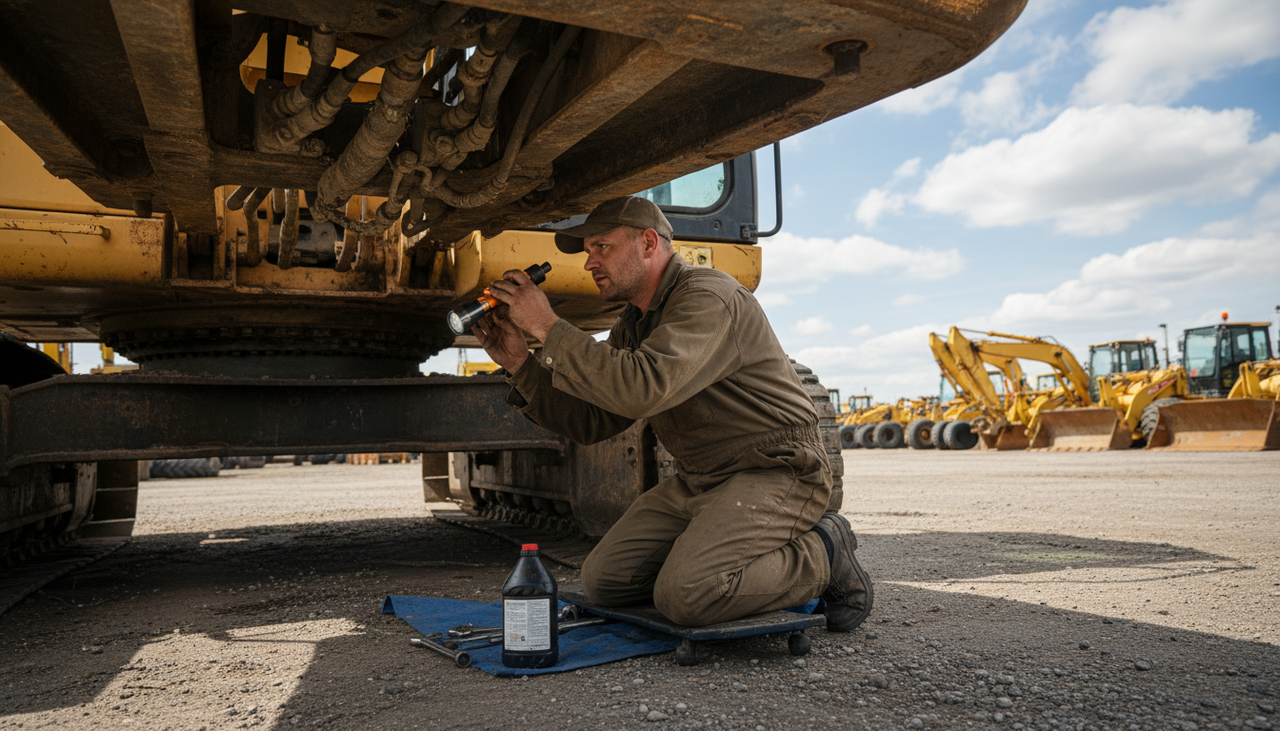 Mechanic inspecting hydraulic components underneath a used excavator in an outdoor lot