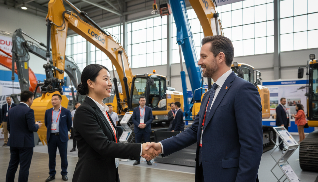 Construction buyer and Chinese supplier shaking hands at an equipment trade show