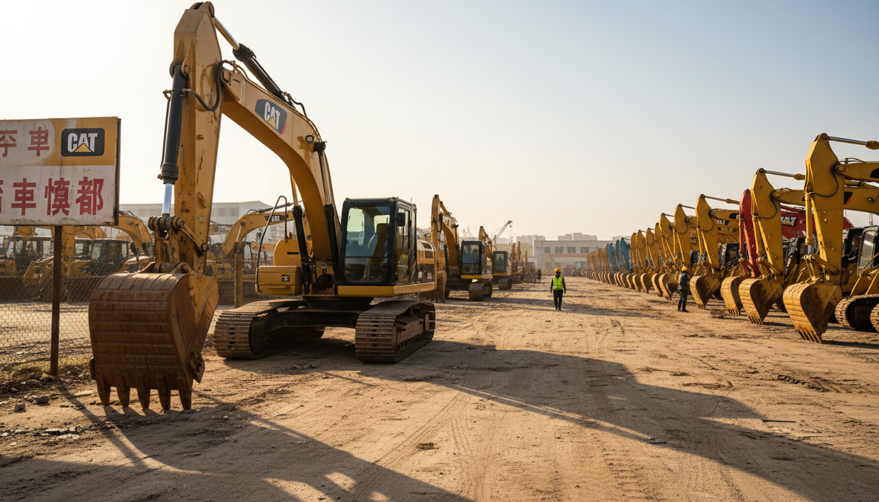 Yellow Caterpillar excavator parked in a Chinese machinery yard with rows of equipment in the background