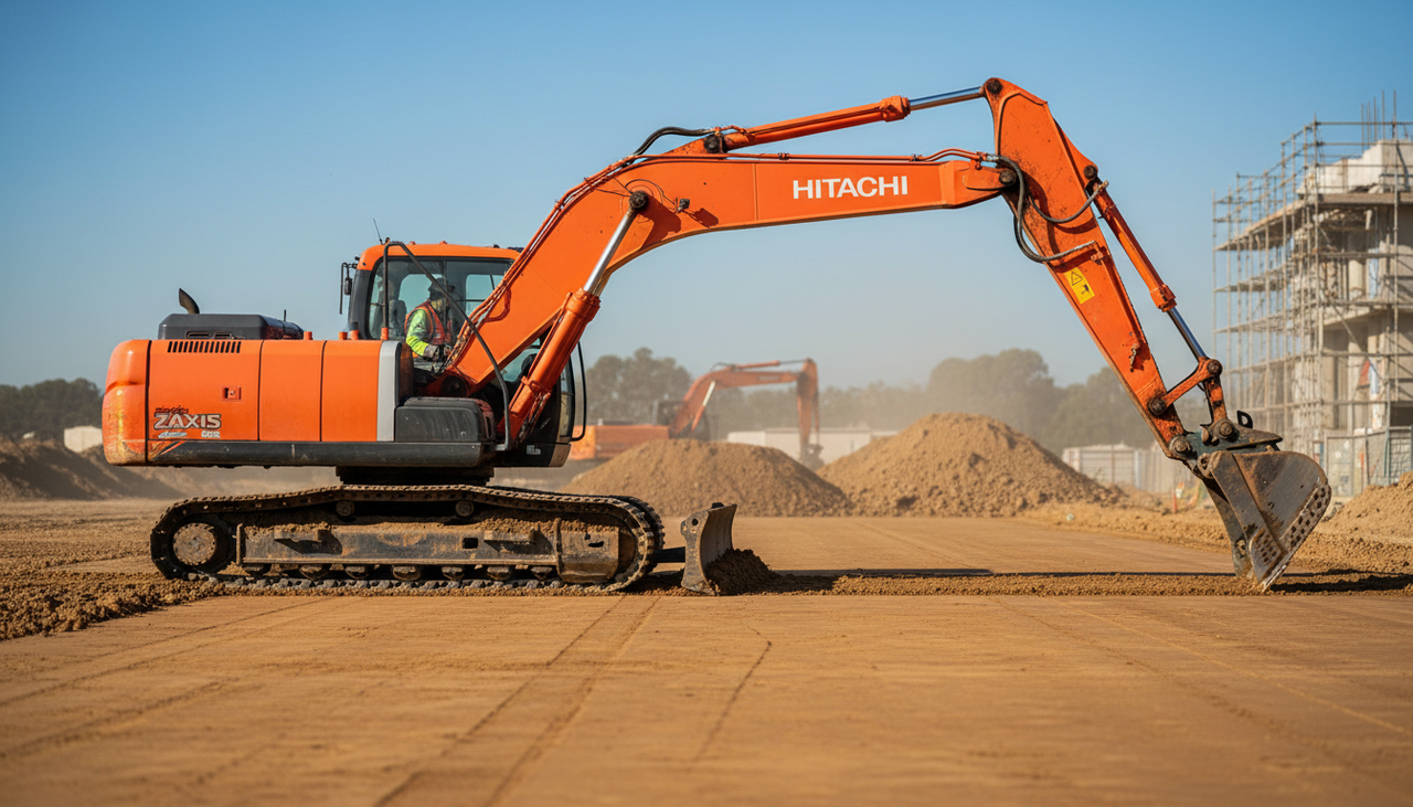Orange Hitachi ZAXIS excavator performing precision grading work on smooth dirt surface with operator visible in cab
