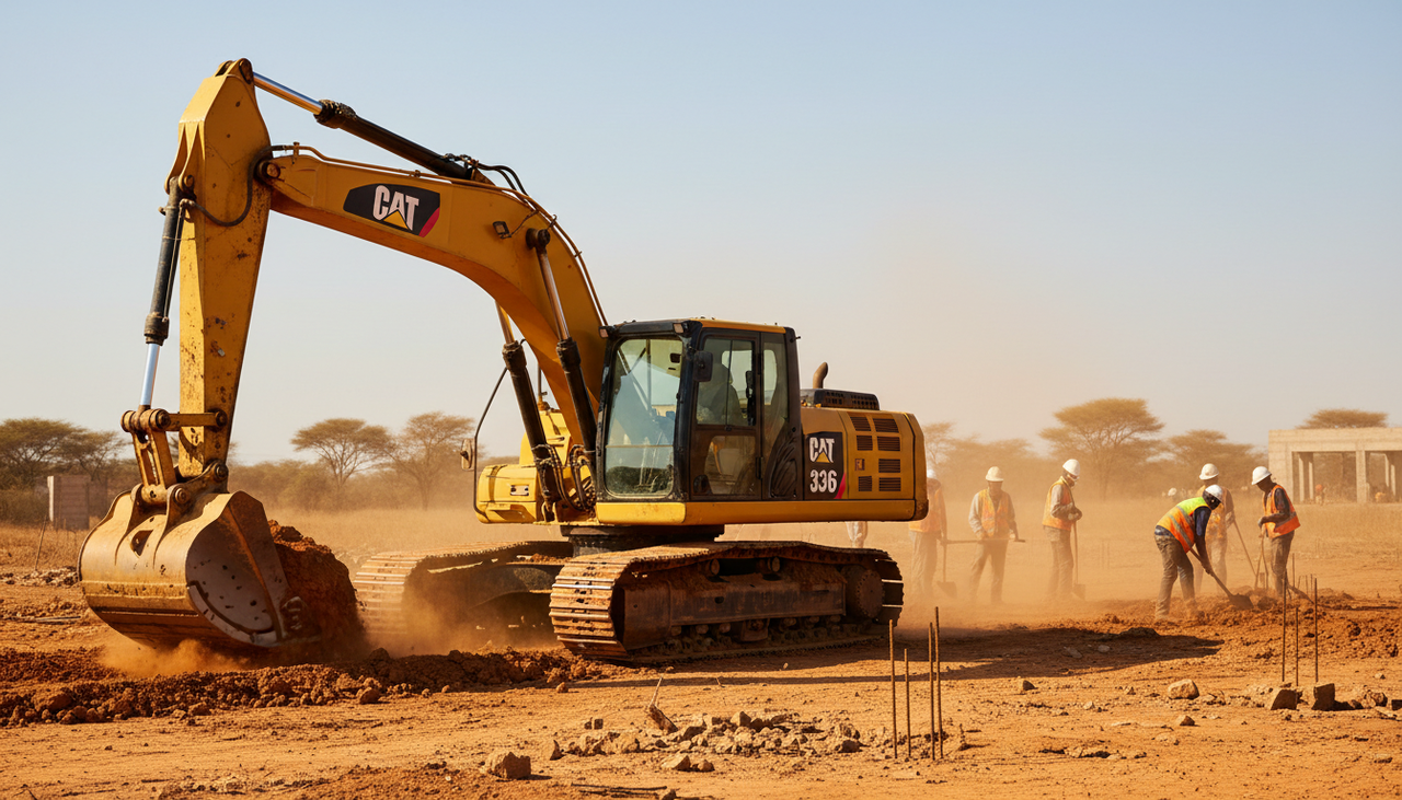 Heavy-duty yellow Caterpillar excavator working on dusty African construction site under bright sun with workers in background