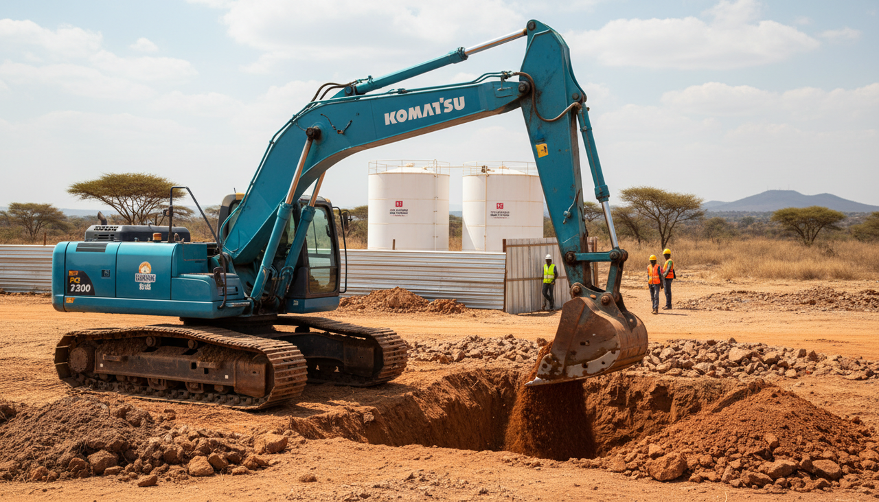 Blue Komatsu PC200 excavator digging foundation trench on African infrastructure project with fuel tanks visible