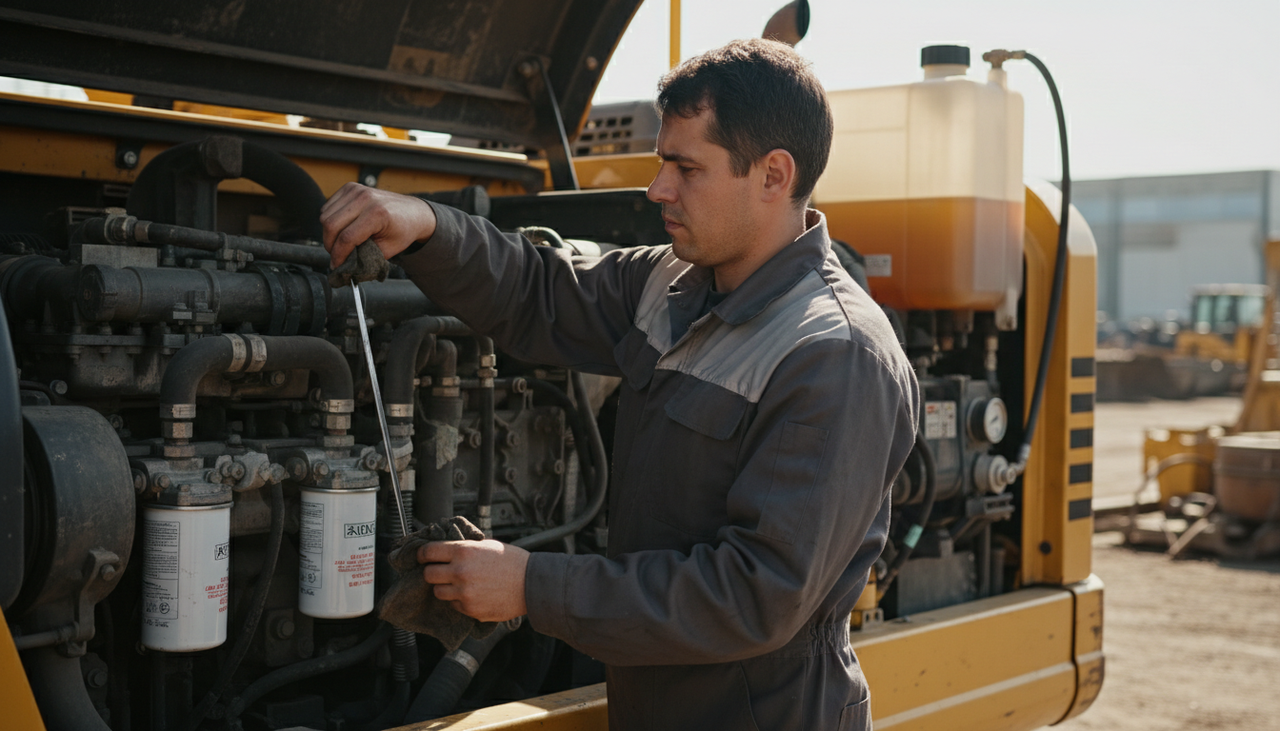 Mechanic checking excavator engine oil dipstick with hydraulic fluid reservoir visible in background