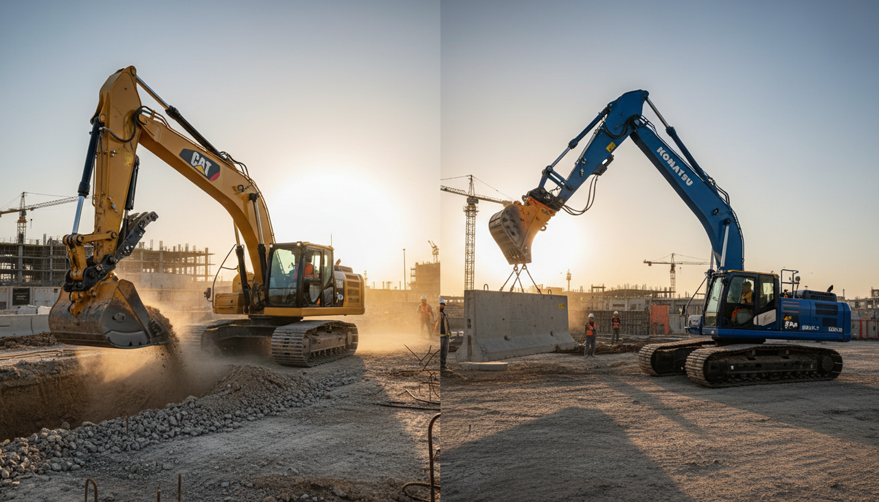 Side-by-side comparison of yellow Caterpillar excavator and blue Komatsu excavator on construction site showing performance differences