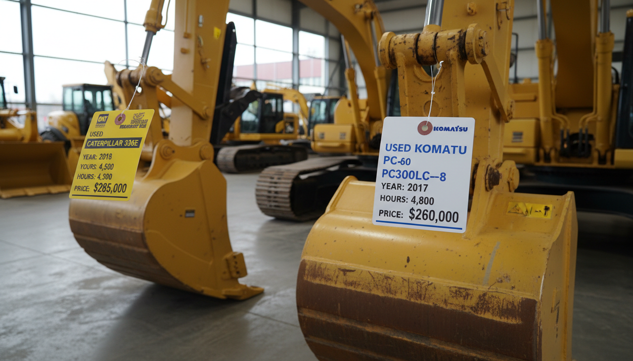 Close-up of price tags comparing used Caterpillar and Komatsu excavator costs at equipment dealership