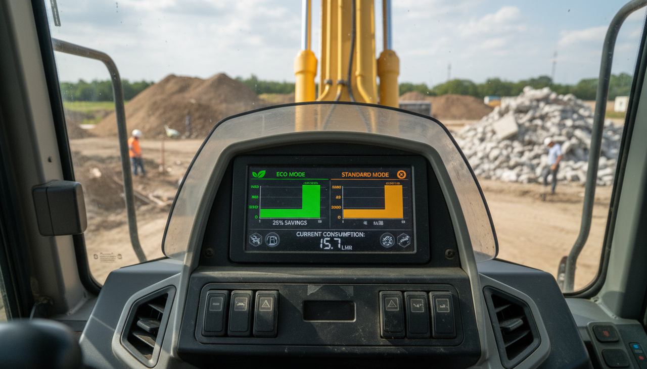 Fuel efficiency gauge dashboard showing Komatsu excavator"s eco-mode system versus standard operating mode