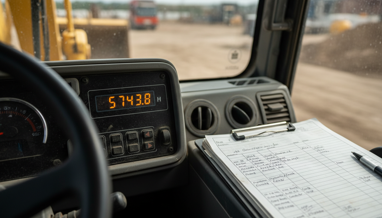 Close-up view of excavator hour meter and service record logbook on machine cab dashboard