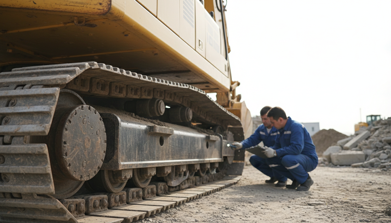 Ground-level view showing excavator undercarriage with visible track pads, rollers, and sprockets during inspection