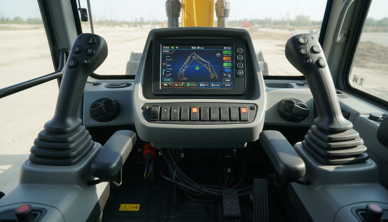 Close-up of excavator control panel showing hydraulic joysticks, digital display screen, and ergonomic operator interface inside modern excavator cab