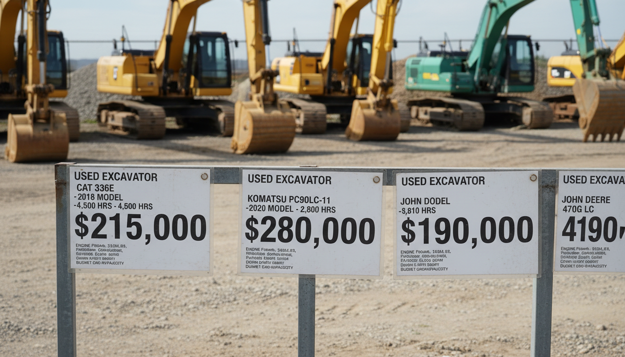 Close-up of excavator price tag display board showing multiple used equipment prices and specifications at outdoor equipment yard