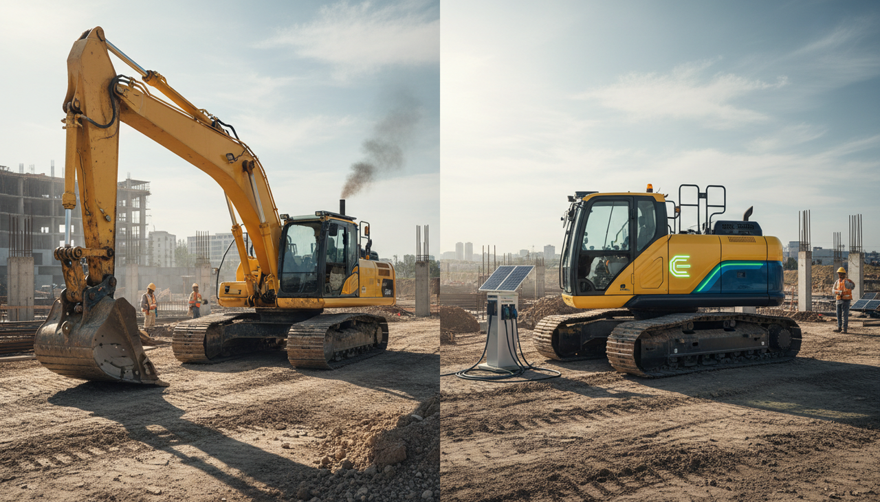 Side-by-side comparison of traditional diesel excavator next to hybrid electric excavator on construction site, showing technology evolution