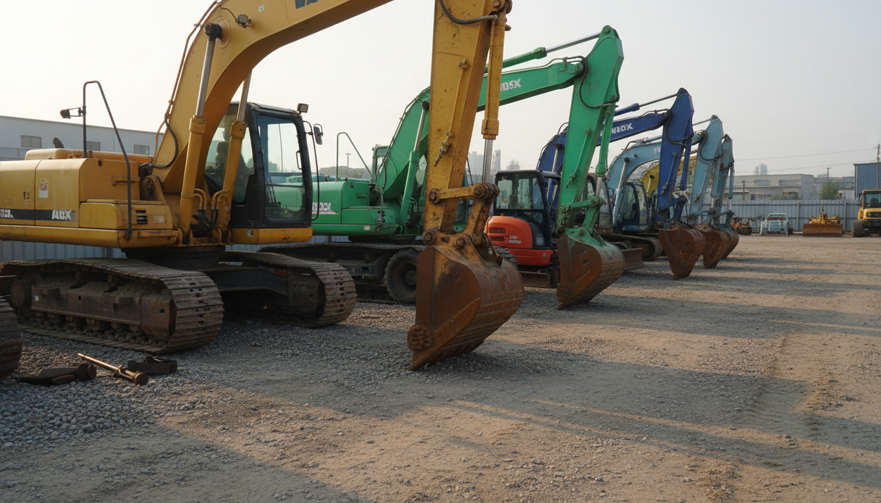 Row of pre-owned excavators of different sizes parked in equipment yard