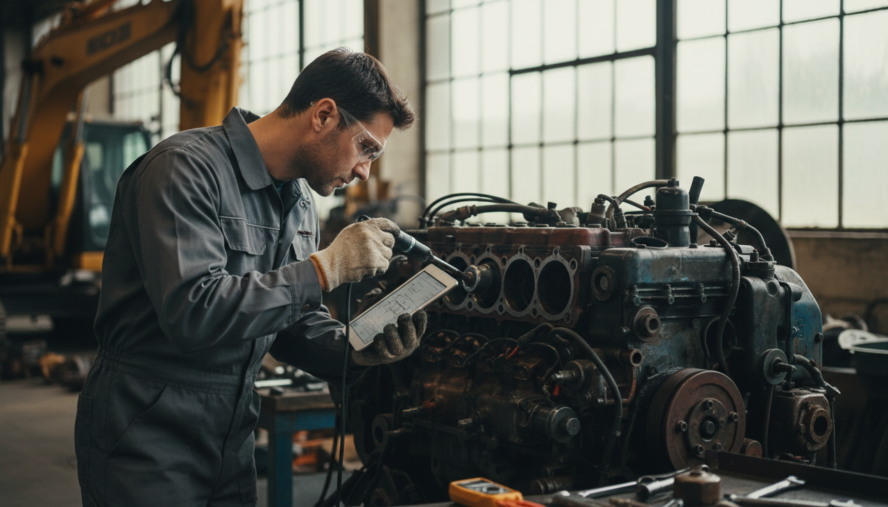 Professional technician conducting quality inspection on used excavator engine