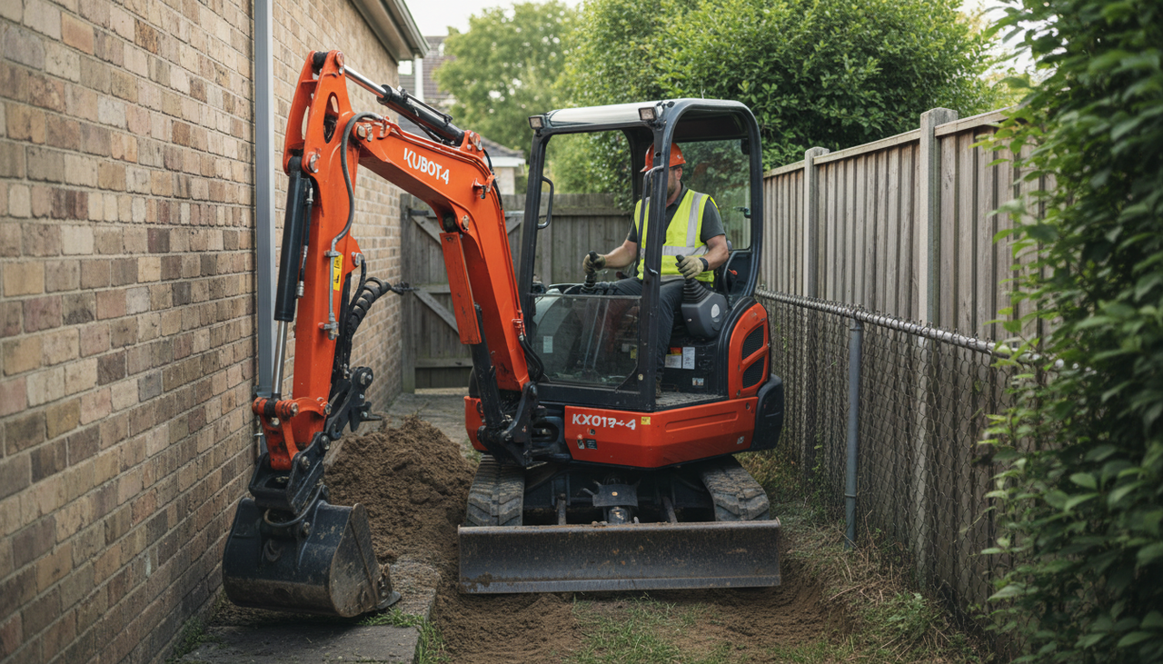 Mini excavator working in tight residential space with operator in cab
