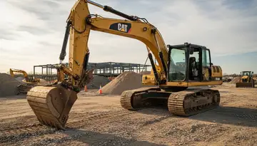 Heavy-duty used yellow Caterpillar excavator on construction site ready for operation