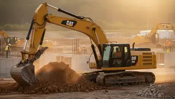 Yellow Caterpillar excavator working on construction site showing