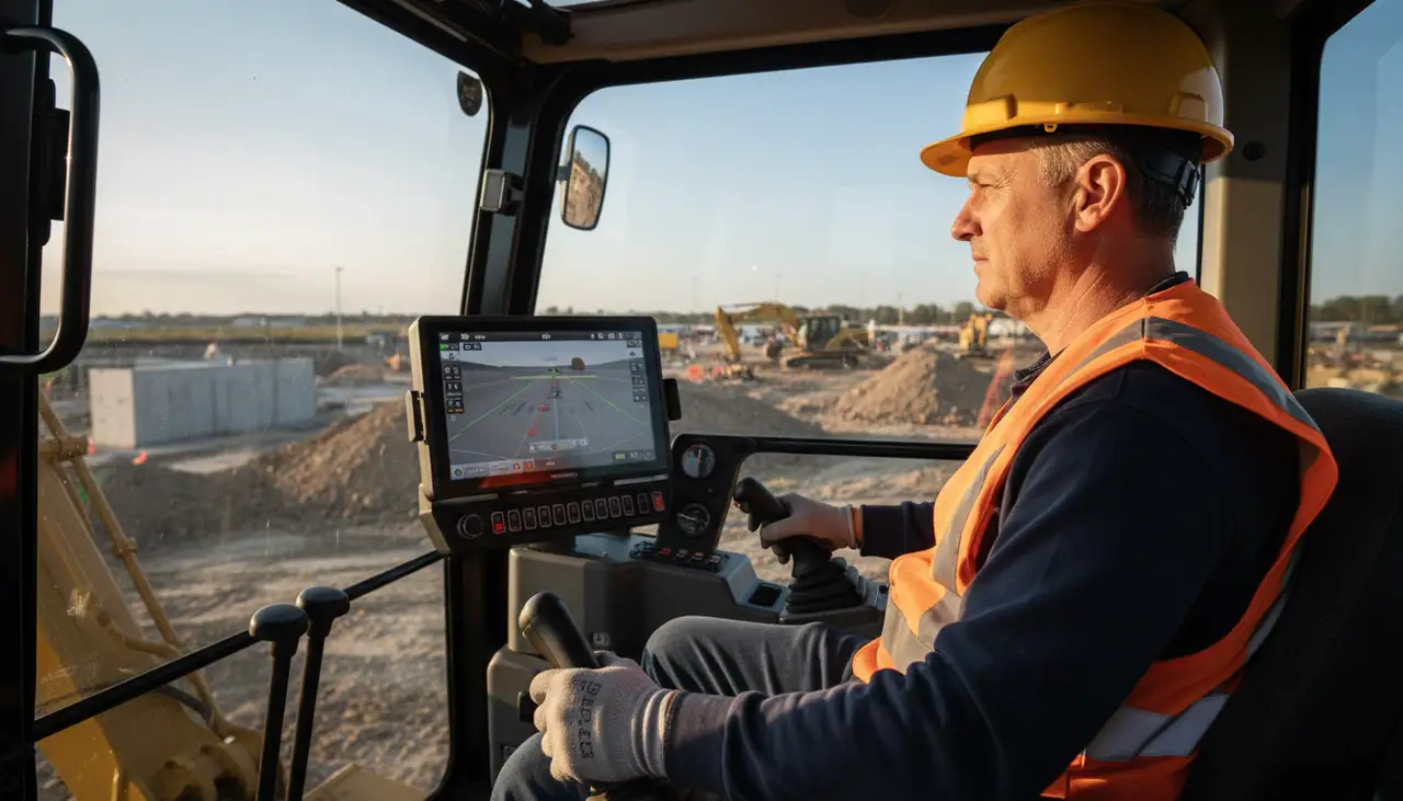 Construction worker operating Cat excavator cab with modern controls and display