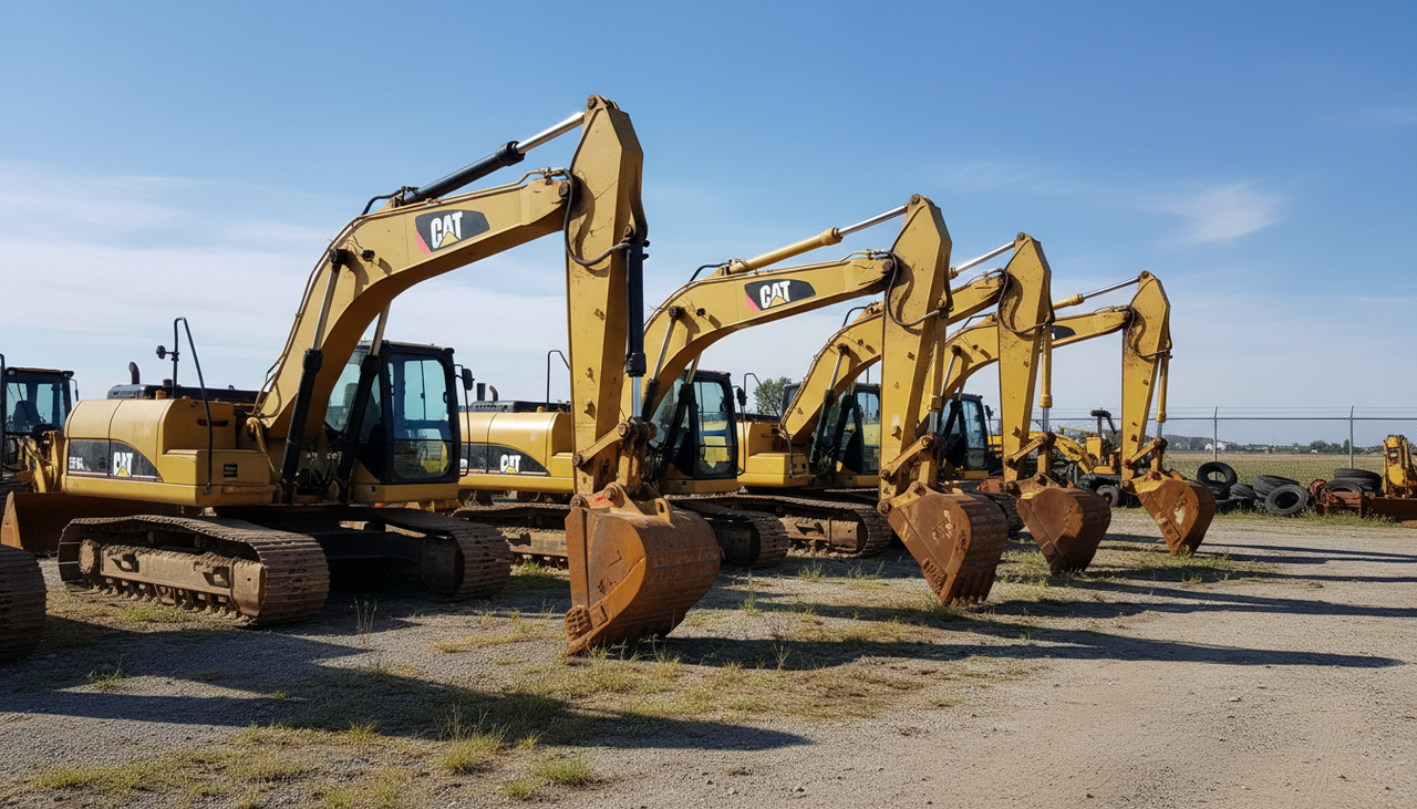 ALTMultiple used Cat excavator models 320 and 330 lined up in equipment yard
