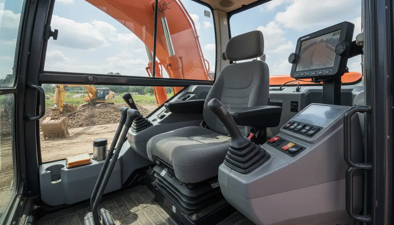 Sumitomo SH210 excavator operator cabin interior showing ROPS certified controls and comfort features