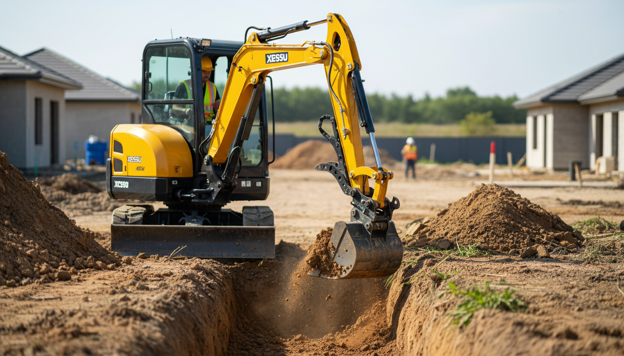 XCMG XE55U mini excavator with hydraulic thumb digging a trench